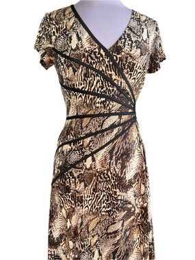 Connected Apparel Animal Print V-Neck Wrap Dress in Browns and Blacks - Size 8